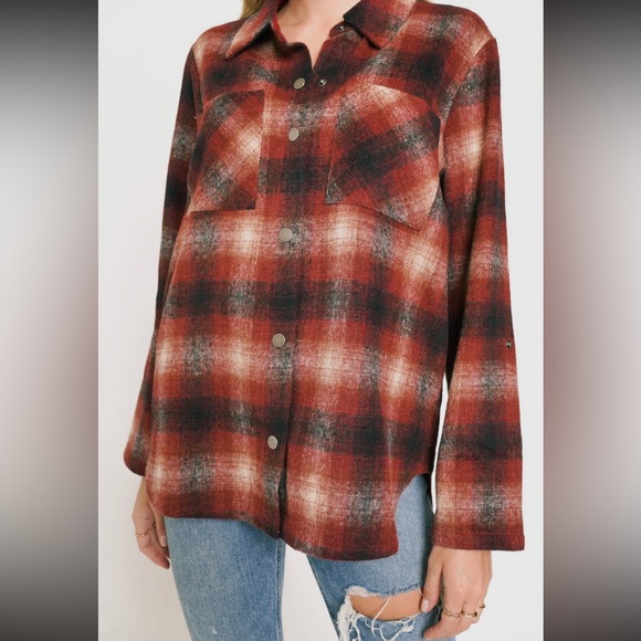 Plaid Shacket Shirt Jacket With Pockets Burgundy Size S - Picture 3 of 8